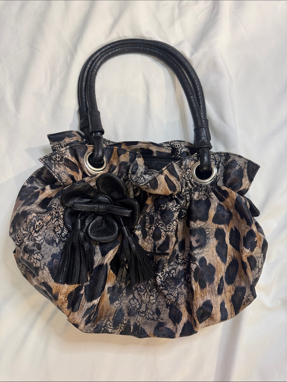 Leopard Print Shoulder Tote with Black Trim
